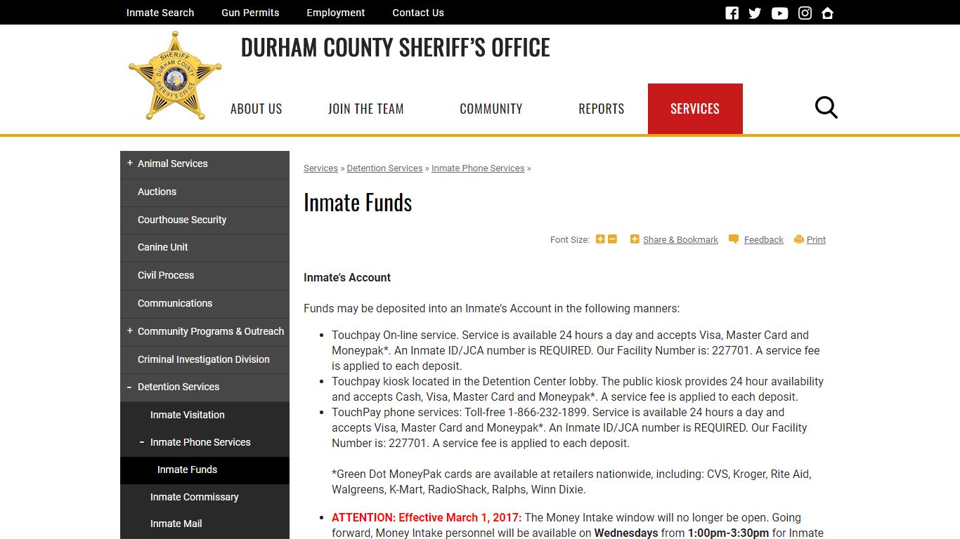 Inmate Funds | Durham County Sheriff